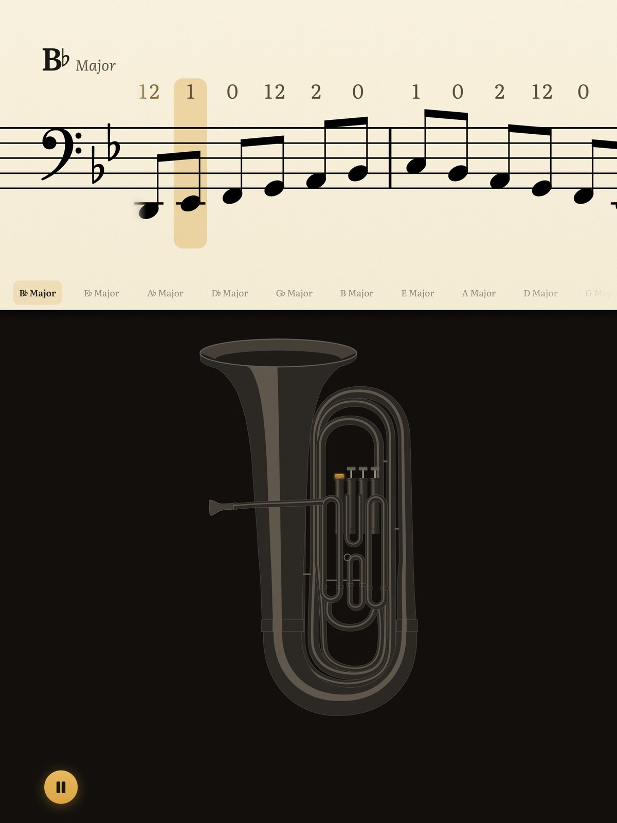 Daily Scales on iPad, held upright and playing: the B flat major scale for B flat tuba runs along one line of music with the valves to press over every note, and under it a drawing of the tuba presses the same valves as each note sounds.